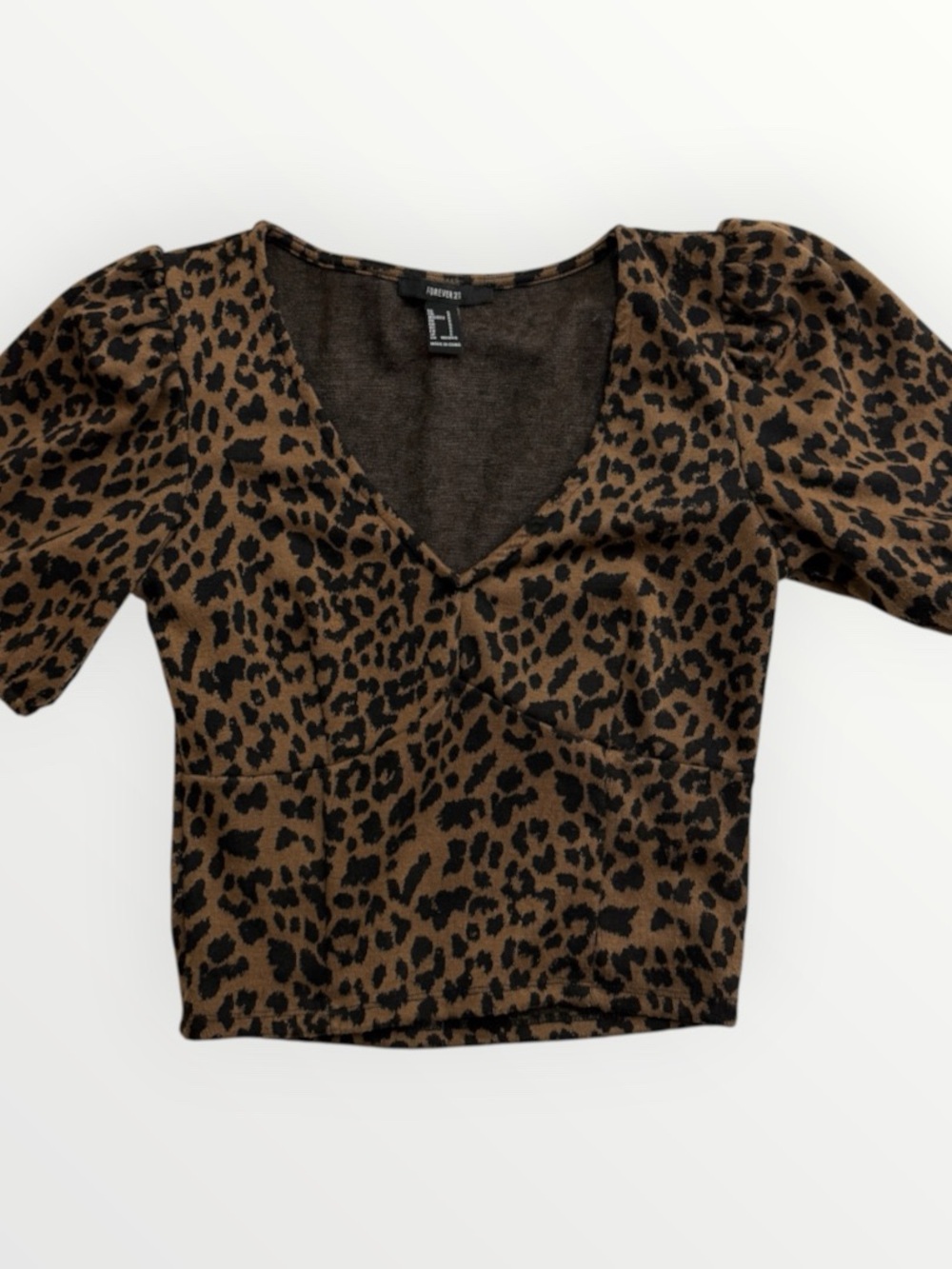 Forever 21 Brown and Black Leopard Print V-Neck Puff Sleeve Crop Top